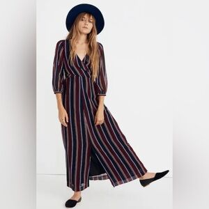 Madewell Long Sleeve Wrap-Around Maxi Dress Burgundy/Blue Stockdale Stripe ZB1